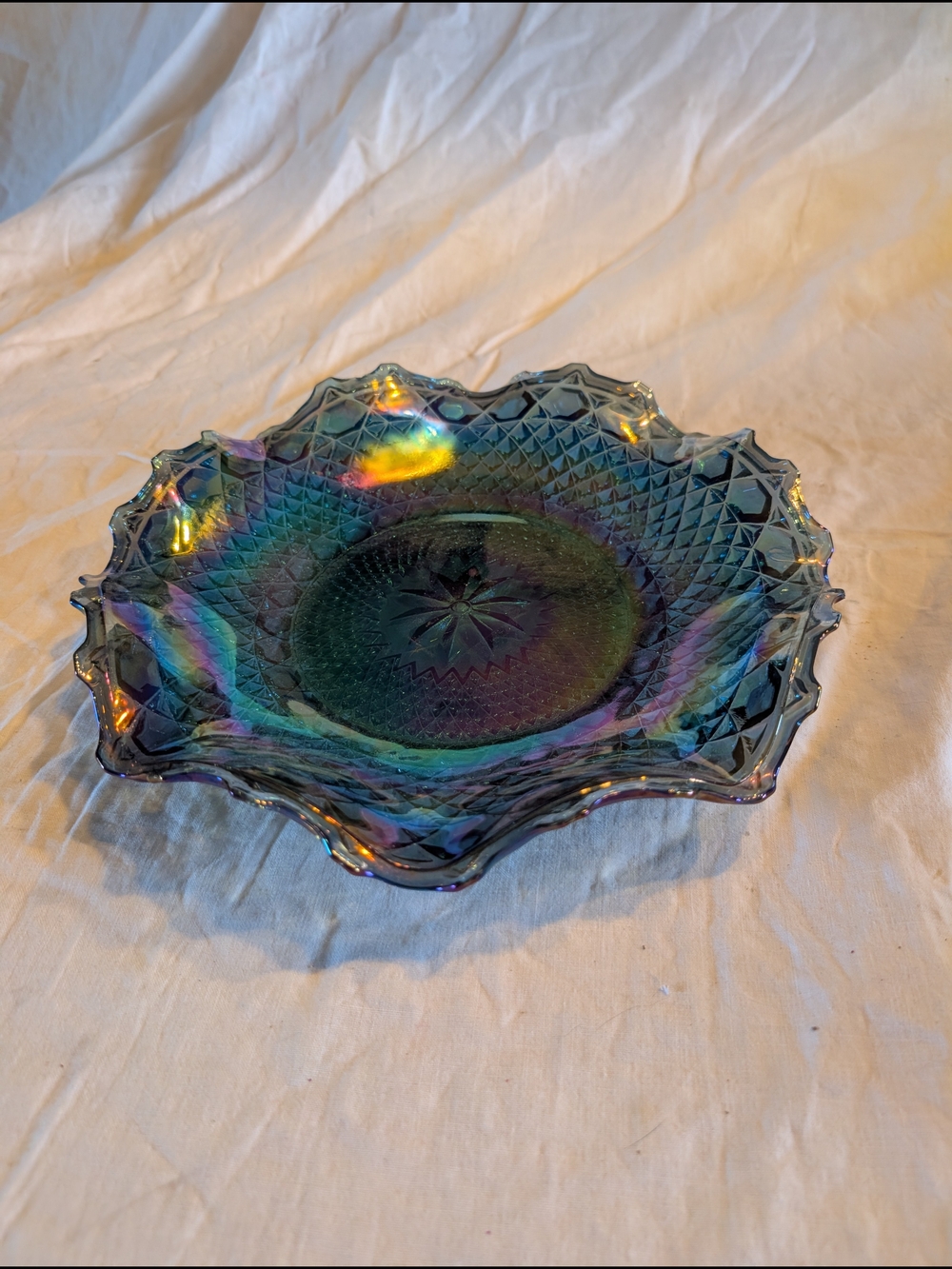 2/80$ Indiana Glass Iridescent Blue Carnival Glass Scalloped Serving Bowl
